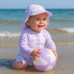 Combinaison pour bébé anti UV avec motifs violets – Image 4